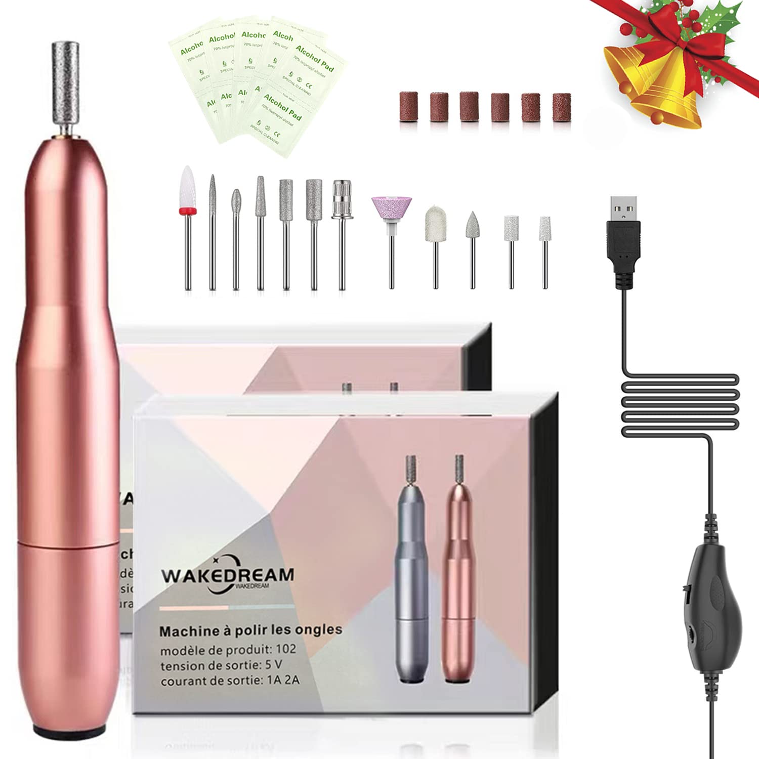 WakeDream Electric Nail File, 12 in 1, Powerful & Silent, Portable Manicure Pedicure Kit (Rose Gold), Model 20201225-ZJDMQ, Aluminium