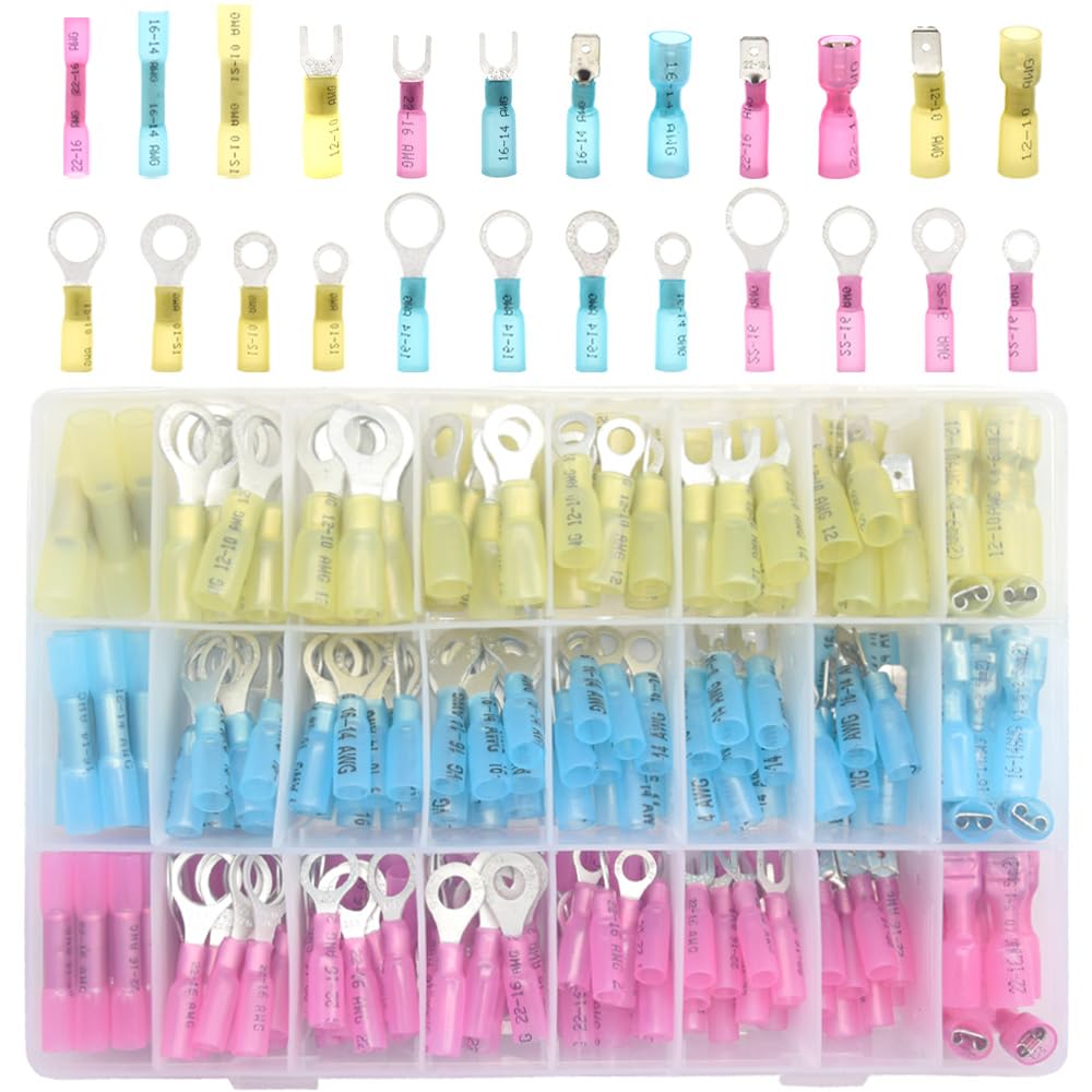 Yosawo 265 Pieces Heat Shrink Wire Connector Electrical Terminals Kit,Insulated Waterproof Electrical Crimp Marine Automotive Terminals Set,Ring Fork Spade Butt