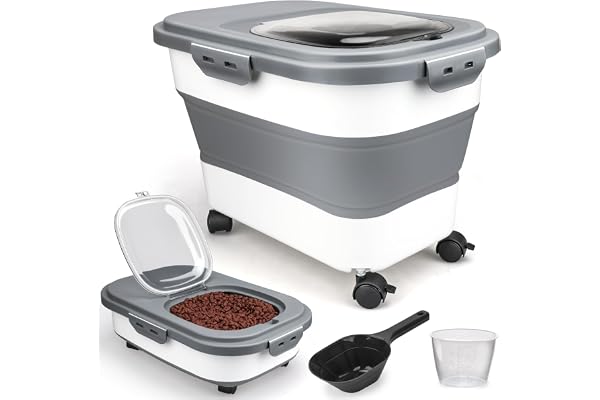 Viretec Dog Food Storage Container, 5-20Lbs Collapsible Pet Food Storage Containers with Rolling Wheel Airtight Locking Lid,