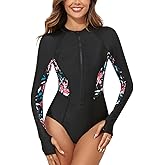 ABAFIP Women's Long Sleeve Rash Guard Bathing Suit Zip up One Piece Swimsuits Modest Surfing Swimwear
