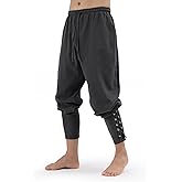 Heyigrow Mens Pirate Pants Medieval Viking Costume, Renaissance Lace-up Ankle Banded Trousers Cotton Linen Cosplay Outfits(Grey,XXL)
