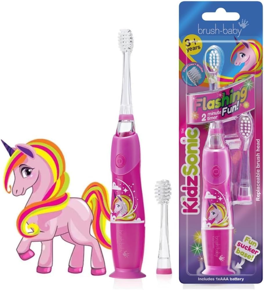 Brush-Baby - Unicorn KidzSonic Kids Electric Toothbrush, 3+ Years - DeepClean Bristles, Suction Base - Fun Design with Flashing Disco Lights - 2 x Replacement Heads & 1 x AAA Battery