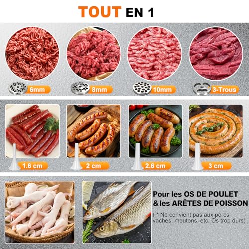 Anatole Professional Electric Meat Mincer 950W Stainless Steel Multifunctional Sausage Stuffing with 6/8/10mm/3-Hole Plate 2 Grinding Blades 1 Sausage Filler 220V