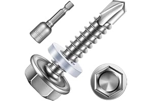 Mywish 200pcs #10×1" Self Tapping Screws for Metal, 410 Stainless Steel, Sheet Metal Screws, Hex Washer Head Self Drilling Screws, High-Strength Quick Tapping TEK Screw