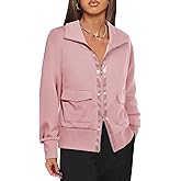Fisoew Women's Zip up Sweatshirt Collared Neck Long Sleeve Loose Casual Lightweight Jacket with Pockets