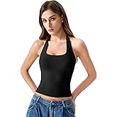 QINSEN Womens Halter Top Double Lined Tank Top Sleeveless Open Back Slim fit Going Out Tops