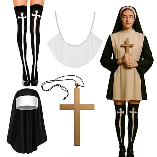 4 Pieces Nun Costume, Nun Outfit for Women with Cross Necklace, Knee-High Socks, Head Scarf and Collar, Halloween Nun Costume Accessories for Halloween Parties, Costumes Events