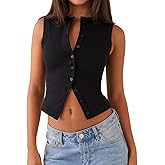 Luckinbaby Women Y2k Knitted Button Down Tank Top Summer Ribbed Sleeveless Vest Tops Sleeveless Slim Fit Cropped Shirts