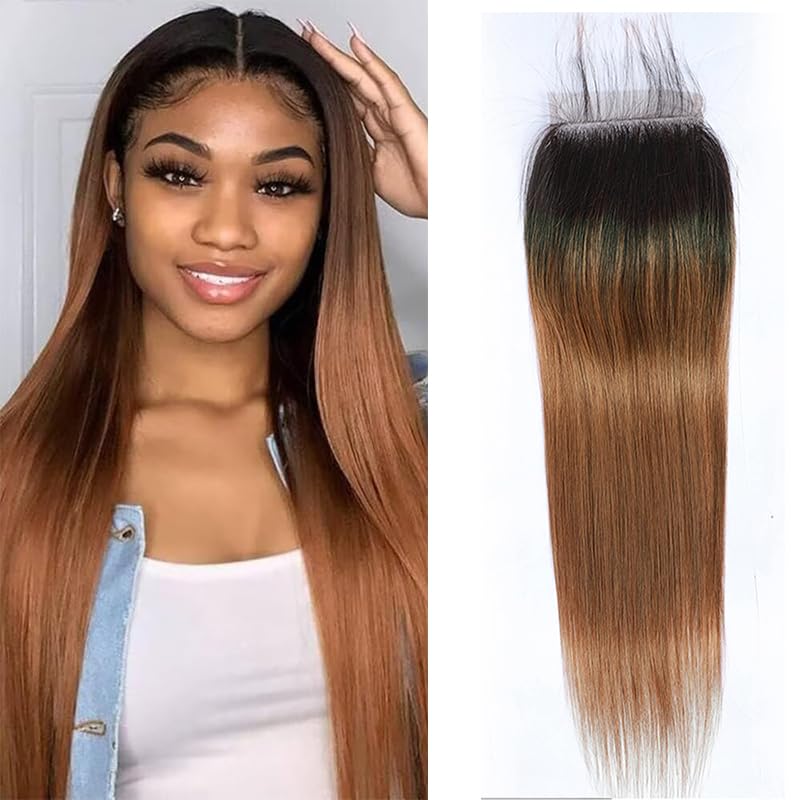 Human Hair Lace Closure 4x4 Ombre 1B/30 Brown Straight Pre Plucked Baby Hair 4x4 Transparent Free Part Lace Closure 20 Inch Soft Remy Weave For Woman
