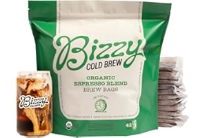Bizzy Organic Cold Brew Coffee | Espresso Blend | Coarse Ground Coffee | Medium-Dark Roast | Micro Sifted | Specialty Grade | 100% Arabica | Brew Bags | 12 Count | Makes 42 Cups