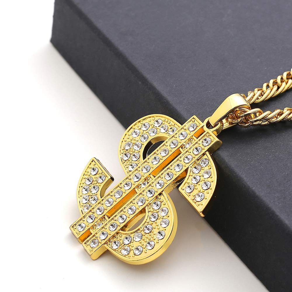 UEJUNBO Gold Chain with Dollar Sign Big Money Necklaces for Men Women,Stainless Steel Iced Out Rhinestone Jewelry,Fashion Pendants with 28 Inches Chain