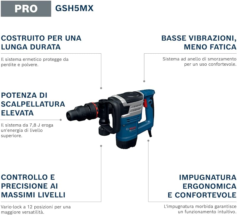 Bosch PRO Martello demolitore a filo GSH5MX (incl. scalpello appuntito SDS MAX da 280 mm, impugnatura dritta ausiliaria, valigetta)