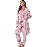 Tenna Teki Women's Floral Print Pajama Set with Robe -Lightweight Comfortable and Soft Sleepwear for Ladies