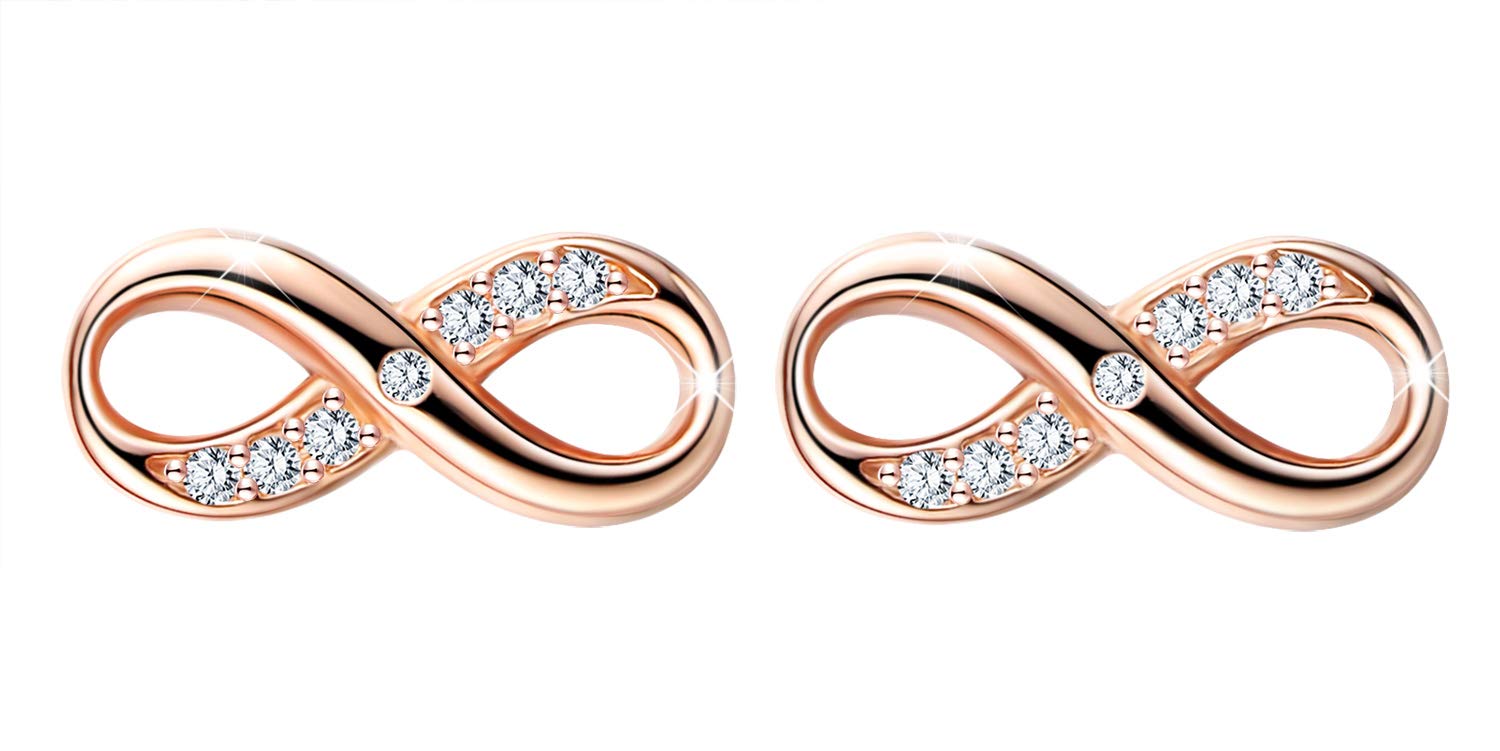 Fashion Ladies Girl Infinity Stud Earrings, 925 Sterling Silver Zircon Earrings, Elegant Jewelry, Christmas birthday present, Rose Gold