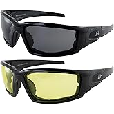 Birdz Eyewear Osprey Foam Padded Safety Motorcycle Sunglasses 2 Pairs Black Frames with Smoke & Yellow Lenses