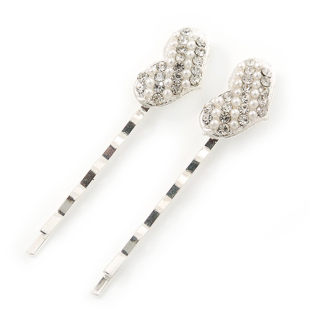 2 Bridal/Prom Crystal, Simulated Pearl 'Heart' Hair Grips/Slides In Rhodium Plating - 55mm Across