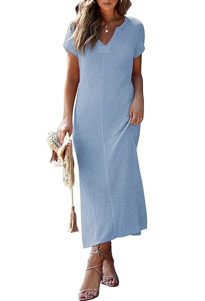 PINK QUEEN WOMEN’S SHORT SLEEVE NOTCHED V NECK SUN DRESS SIDE SLIT FLOWY TRAVEL BEACH KNITTED LONG MIDI DRESSES BLUE M