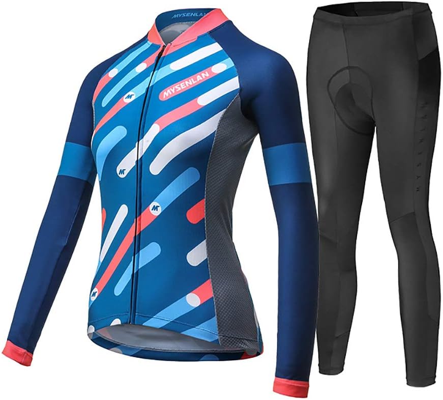 Mysenlan Women's Cycling Long Sleeve Breathable Jersey Set 3D Padded Long Pants Bike Shirt Bicycle Tights Clothing Blue