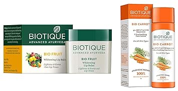 Biotique Bio Fruit Whitening Lip Balm, 12g & Bio Carrot Face & Body Sun Lotion Spf 40 Uva/Uvb Sunscreen For All Skin Types In The Sun, 1 Combo