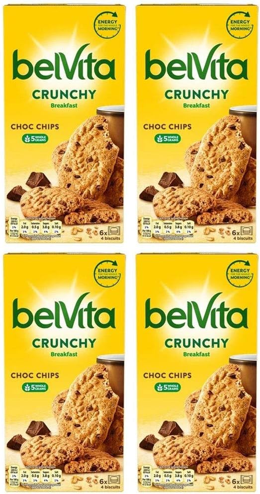 Belvita Breakfast Wholegrain Crunchy Biscuits Chocolate Chip or Hazelnut 6 Per Pack (Chocolate Chip, 4 Boxes)
