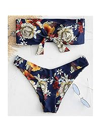 Bikini sin tirantes con nudo de corbata y estampado floral frontal para dama