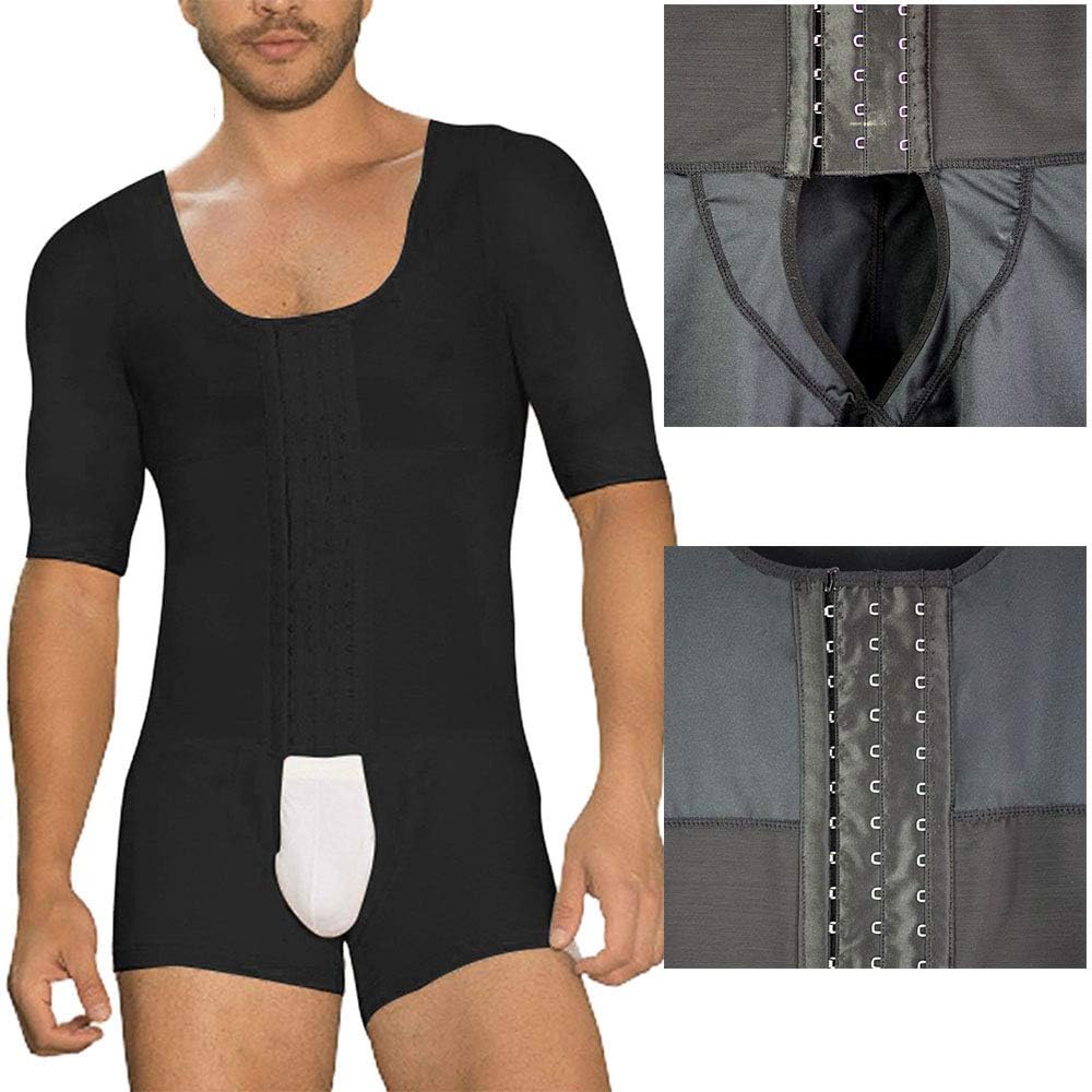 Men Body Shapers Short Sleeve Full Bodysuit Open Crotch Corset Slimming Shapewear Workout Undershirt Black S-6XL
