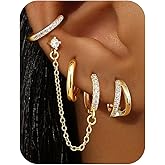 Florideco 4 Pairs Small Hoop Earrings for Women Trendy 14K Gold Plated Chain Drop Earrings Set Hypoallergenic CZ Huggie Hoops Lightweight Cartilage Earring Stacks Women's Jewelry Gifts