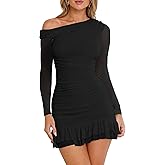 HOCILLE Women's Sexy Bodycon One Shoulder Mini Dresses Long Sleeve Ruched Ruffle Hem Club Party Short Dress