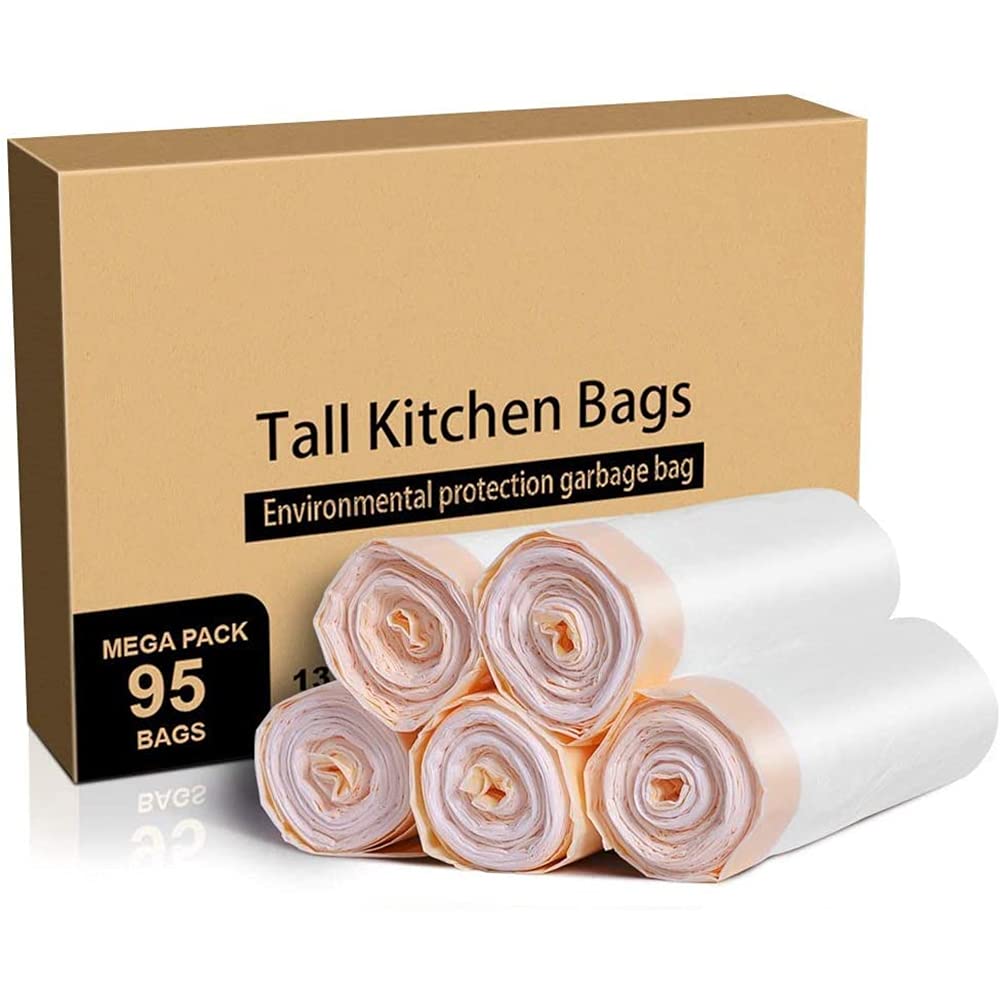 Meidong Strong Bin Liner 50L Bin Bag Tie Handle with Portable Drawstring Indoor Trash Bags for Sensor/Pedal/Swing Bins 5 Rolls (95 Bags in All)