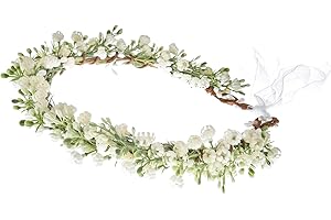 Yili Maizi Adjustable Flower Crown for Women Girls Floral Headband Headpiece Halo Wreath Wedding Bride Bridesmaid Flower Girl Garland (16B-WHITE)