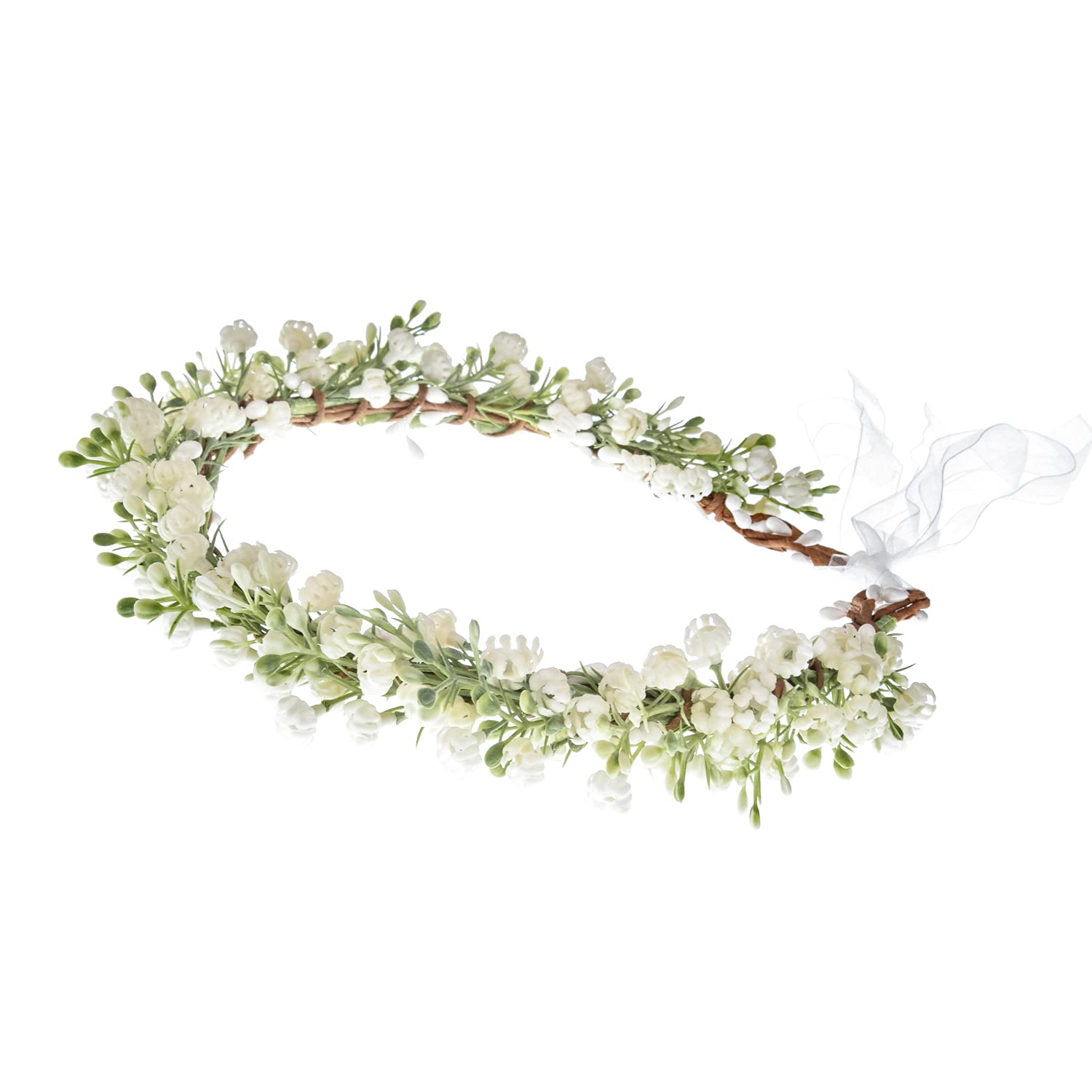 Artificial Baby Breath Green Headpiece Bridal Flower Crown Eucalyptus Halo Wedding Leaf Floral Crown Headband Photo Prop (01 White)
