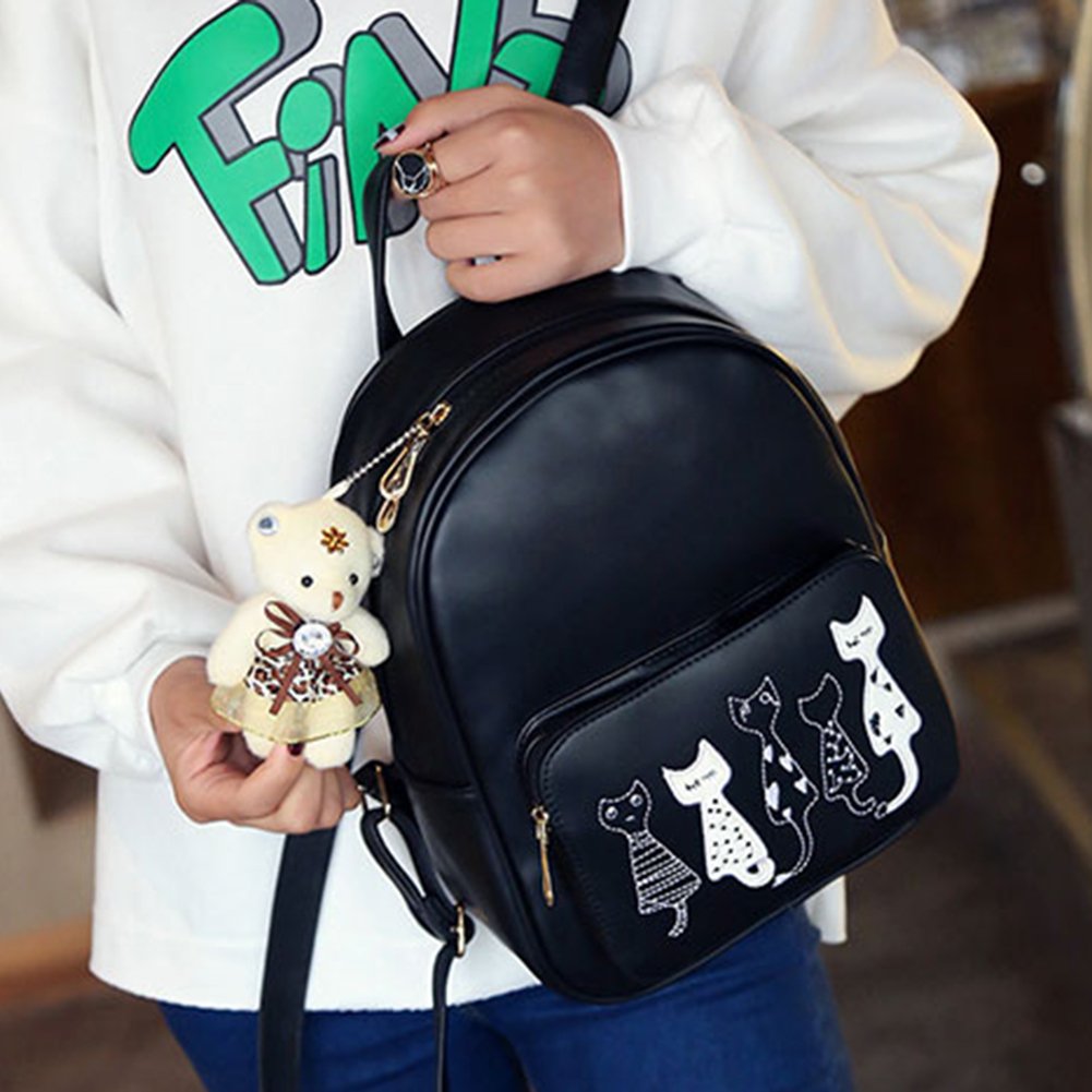 zibuyu 4pcs cat printed girls pu leather backpack shoulder bag clutch purse bag
