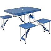 UDeuxff Folding Picnic Table with Umbrella Hole, Blue | Aluminum Suitcase Portable, 4 Seats, For Patio, Porch or Camping, Table and Chair Set