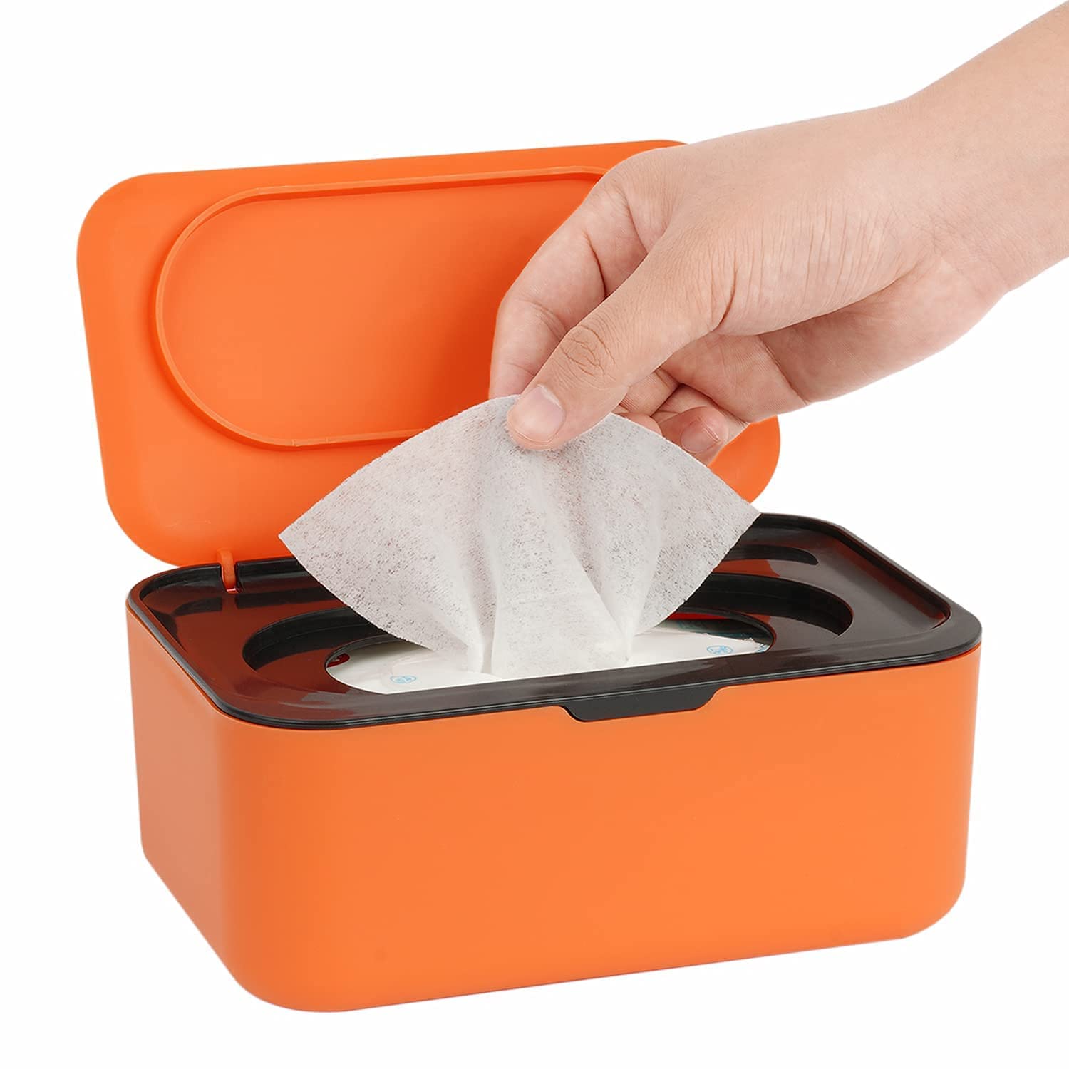 Photo 1 of Wipes Dispenser, Wipe Holder for Baby & Adult, Seposeve Refillable Wipe Container, Keeps Wipes Fresh, One-Handed Operation. Non-Slip, Easy Open/Close Wipes Pouch Case, Orange