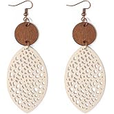 Boho Geometric Hollow Out Leather Wooden Dangle Earrings | Bohemian Colorful Round Oval Teardrop Drop Earrings Retro Lightweight Statement Jewelry for Women Summer Holiday