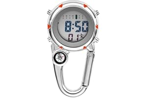Ibohevo Digital Compass Clip: Black White Men's Fob Watches, Waterproof Carabiner Watch with Alarm Clock