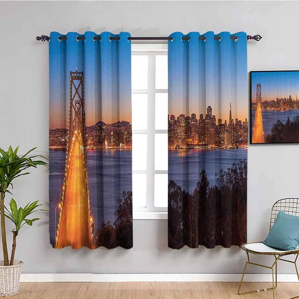 Apartment Decor Collection Soundproof Curtains for Bedroom Bay Bridge San Francisco California USA Historical Urban Engineering Landmark Print Indoor Curtain W63 x L63 Inch Blue Orange