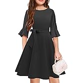 WIFFGO Girls Spring Summer Dresses Formal 2026 Fashion Belt Fit Knee High Modest Big Kids Midi Teen Dresses Outfits