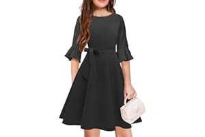 WIFFGO Girls Bell Sleeve Dresses Belt Formal Fit Knee High Modest Big Kids Midi Cap Shoulder Teen Dresses for Girls