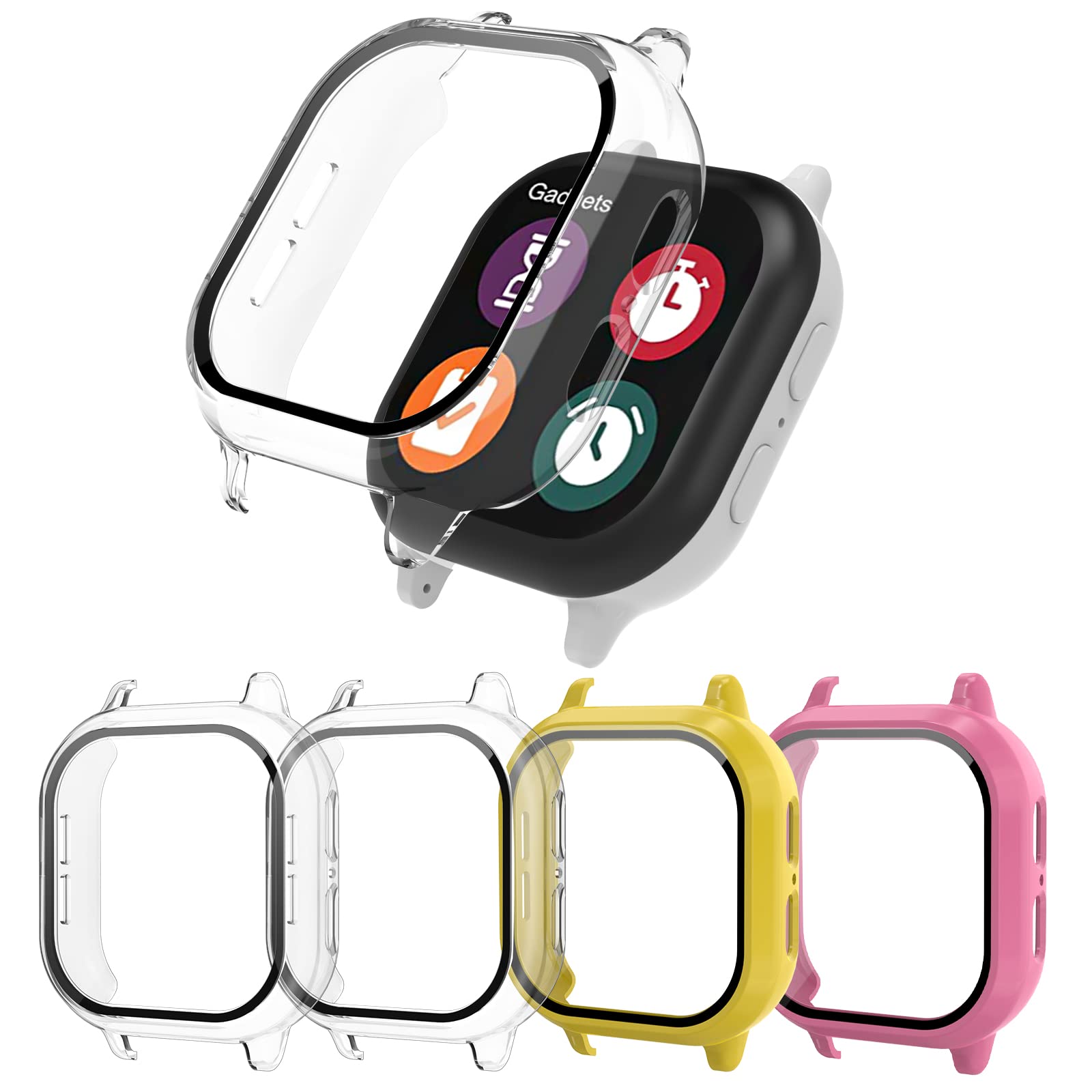 Snyeest [4-Pack Compatible with Gizmo Watch 2 Screen Protector, Hard PC Bumper Tempered Glass Case Face Cover Only Compatible for Verizon Gizmo Watch 2,Clear+Clear+Pink+Yellow
