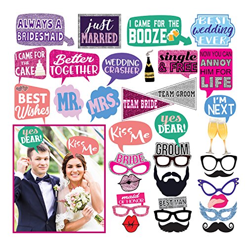 Deluxe 33 Wedding Photo Booth Props Kit, Extra Large, Fun & Unique Memorable Designs, Bridal Party Decorations Supplies, Strong Bamboo Stick Sturdy Cardstock, Funny, Clever Signs by FunPartyProps