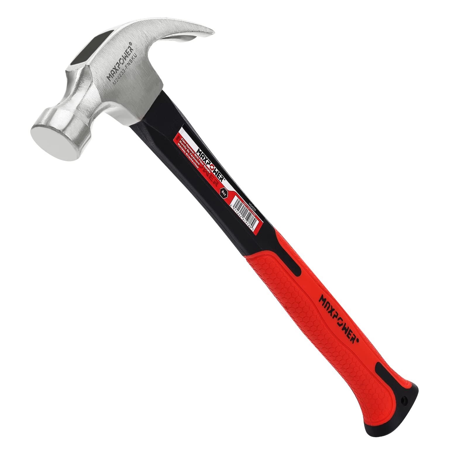 MAXPOWER Claw Hammer 8Oz, Curved Rip Framing with Polished Carbon Steel Head & Fiberglass Handle with Rubber Grip