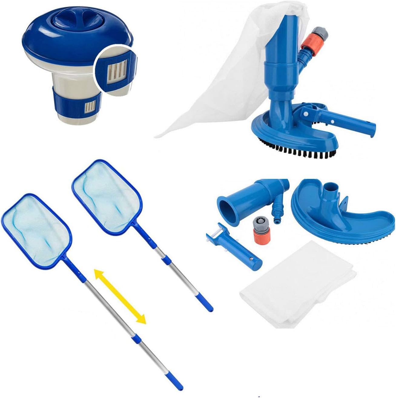 UMYMAYDO1 Pool Reinigungsset Poolpflege Set Pool Bodensauger Poolreinigungsset Pool Kescher mit Teleskopstiel, Länge 150 cm, Poolsauger Bürste, Chlorspender