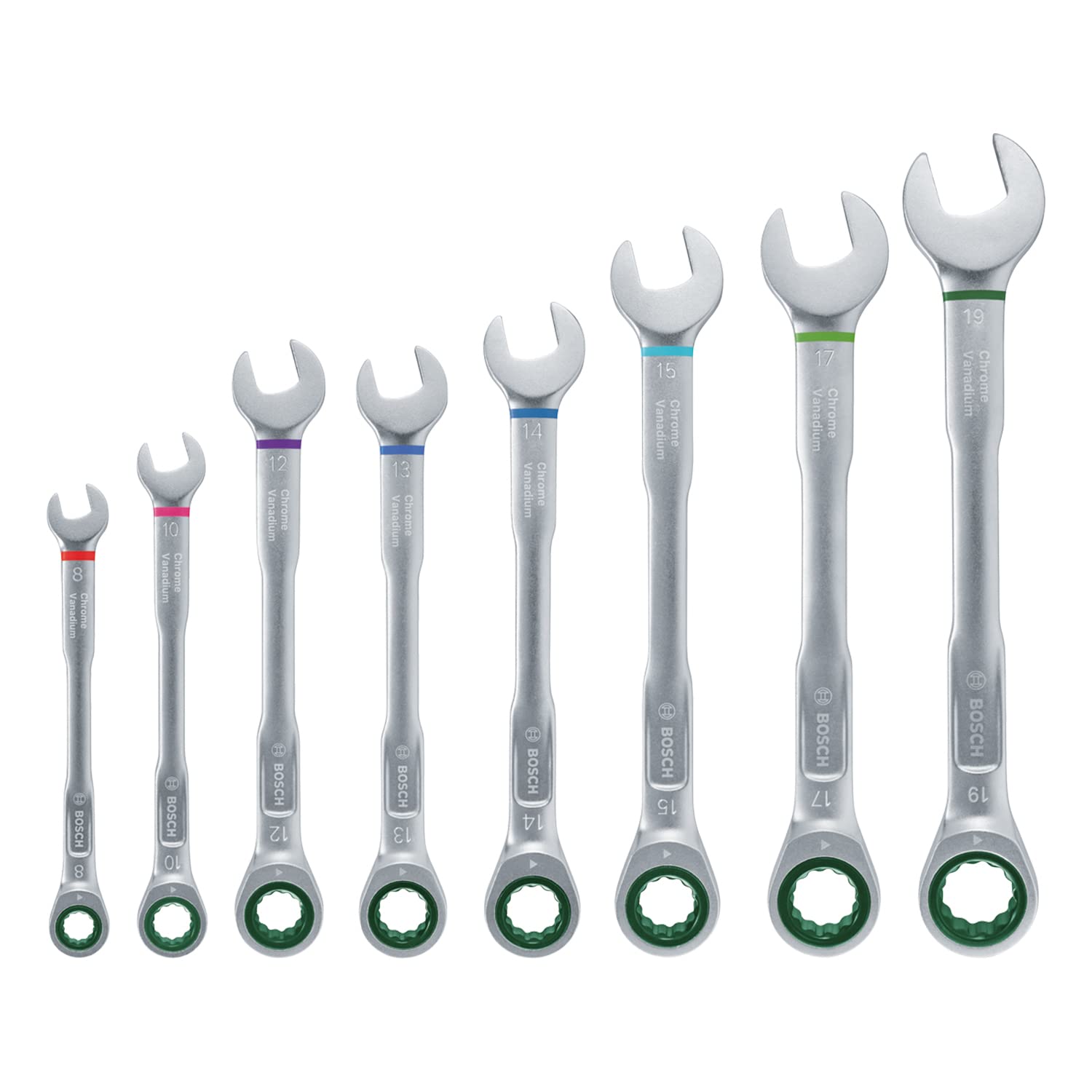 Bosch Schraubenschlüssel/Ratschen-Kombischlüssel-Set, 8-teilig (Ultimativer Komfort durch Kombination aus Maul-und Ratschenschlüssel, hochwertig und rostbeständig; farbcodierte Größenangabe)