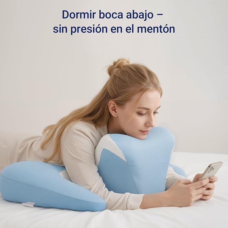 Almohada Cervicales y Cuello - Ergonómica para Dormir de Lado, Boca Arriba o Abajo, Espuma Viscoelástica, Diseño con Espacio para Orejas y Brazos, Funda Transpirable, 64×48×24 cm, Azul Cielo