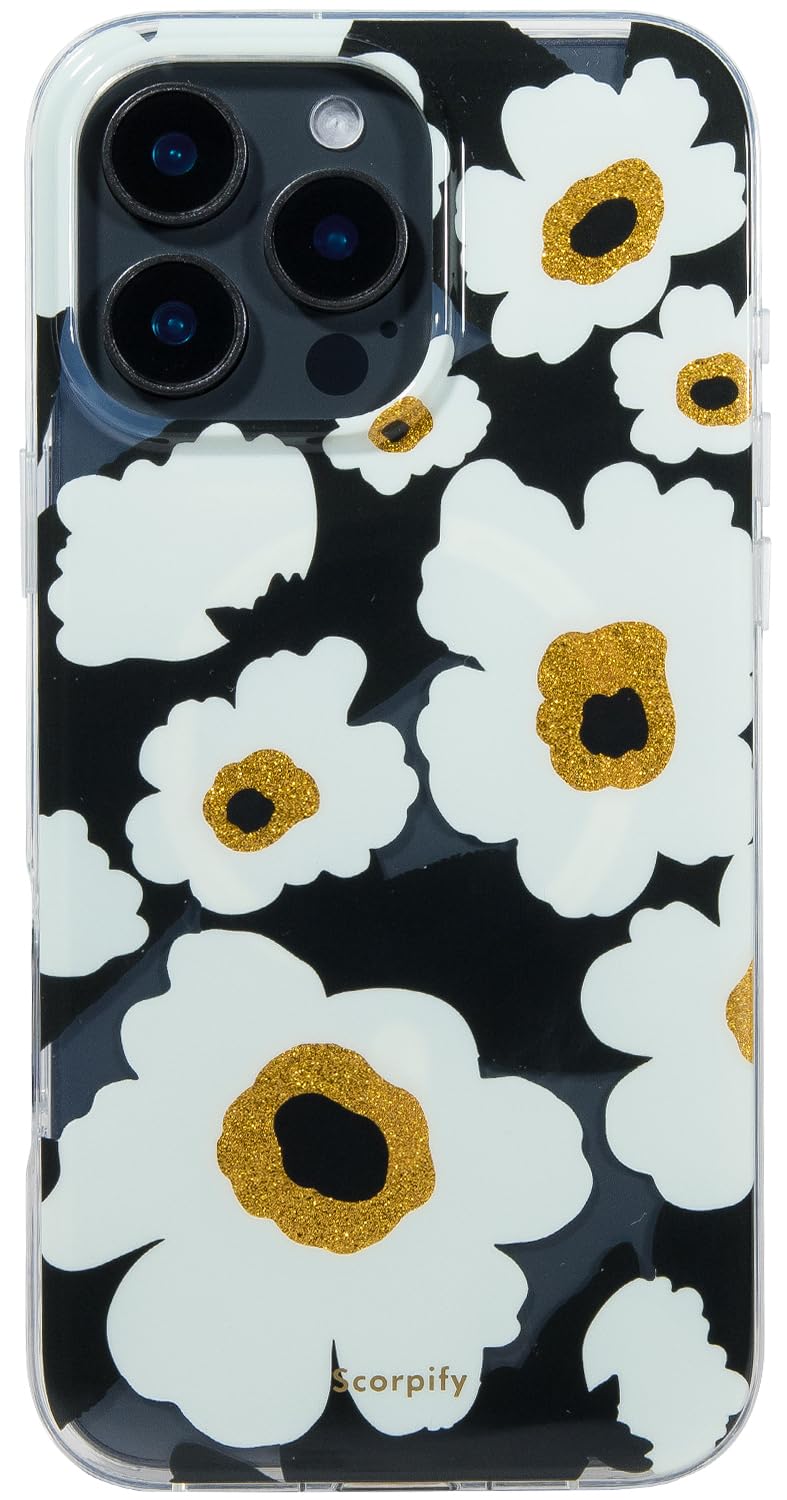 SCORPIFY for iPhone 16 Pro Case [Compatible with MagSafe] with Black Corn Poppy Floral Design, Cute Clear Flower Magnetic Phone Cover for Women Girls, Slim Bumper with Gold Accents