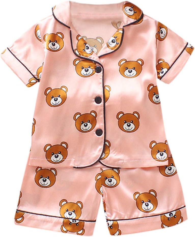 Toddler Kids Baby Boys Girls Pajamas Sets, Cartoon Bear Print Sleepwear Short Sleeve Top Shirt + Shorts Clothes Set Summer Silk Satin Nightwear for 0-3 Years