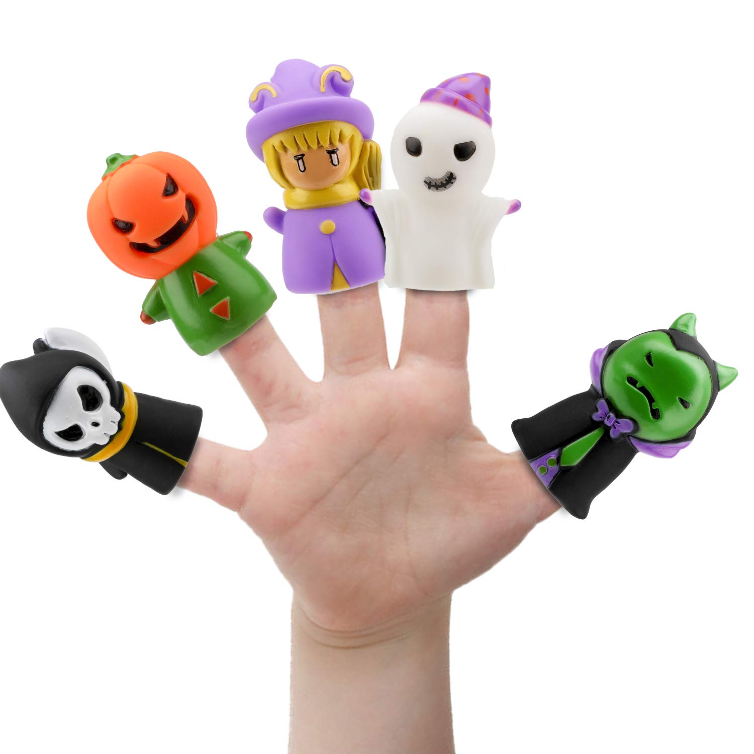 HOWAF 5pcs Halloween Finger Puppet, Halloween Vinyl Character Finger Puppet Toys set for Children and Adults Halloween Party Favors Goodie Bag Fillers, Pumpkin Ghost Witch Grim Reaper Girl Doll