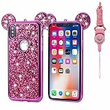 iPhone X Case Glitter, Umiko(TM) Luxury 3D Mickey & Minnie Mouse Ears Crystal Diamond Bling Rhinestone Sparkle Diamond Protective TPU Rubber Case with Strap for Apple iPhone X, Hot Pink