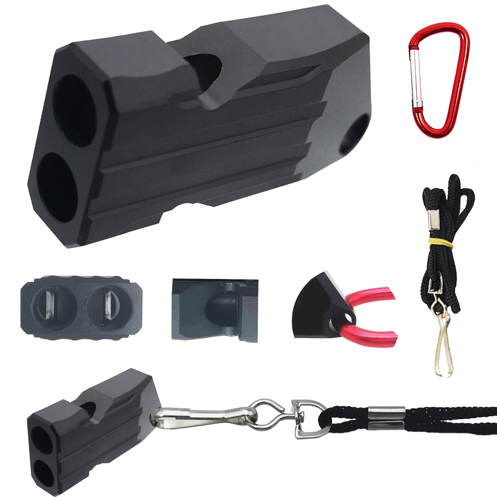CTRICALVER Whistle, Decibel Safety Whistles, Emergency Whistle, Vertical Stripes Black Aluminium Alloy Survival Whistle with Keychain and Lanyard, High Decibel Safety Double Tubes Whistles